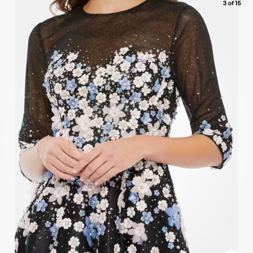 Mac Duggal Floral Appliqué Midi Cocktail Dress Size 6 Mesh romantic Edgy Lined - Picture 3 of 14